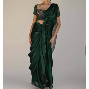 Sani Emerald Green Iridescent Silk Saree Skirt Draped Sari NWT 2XL
